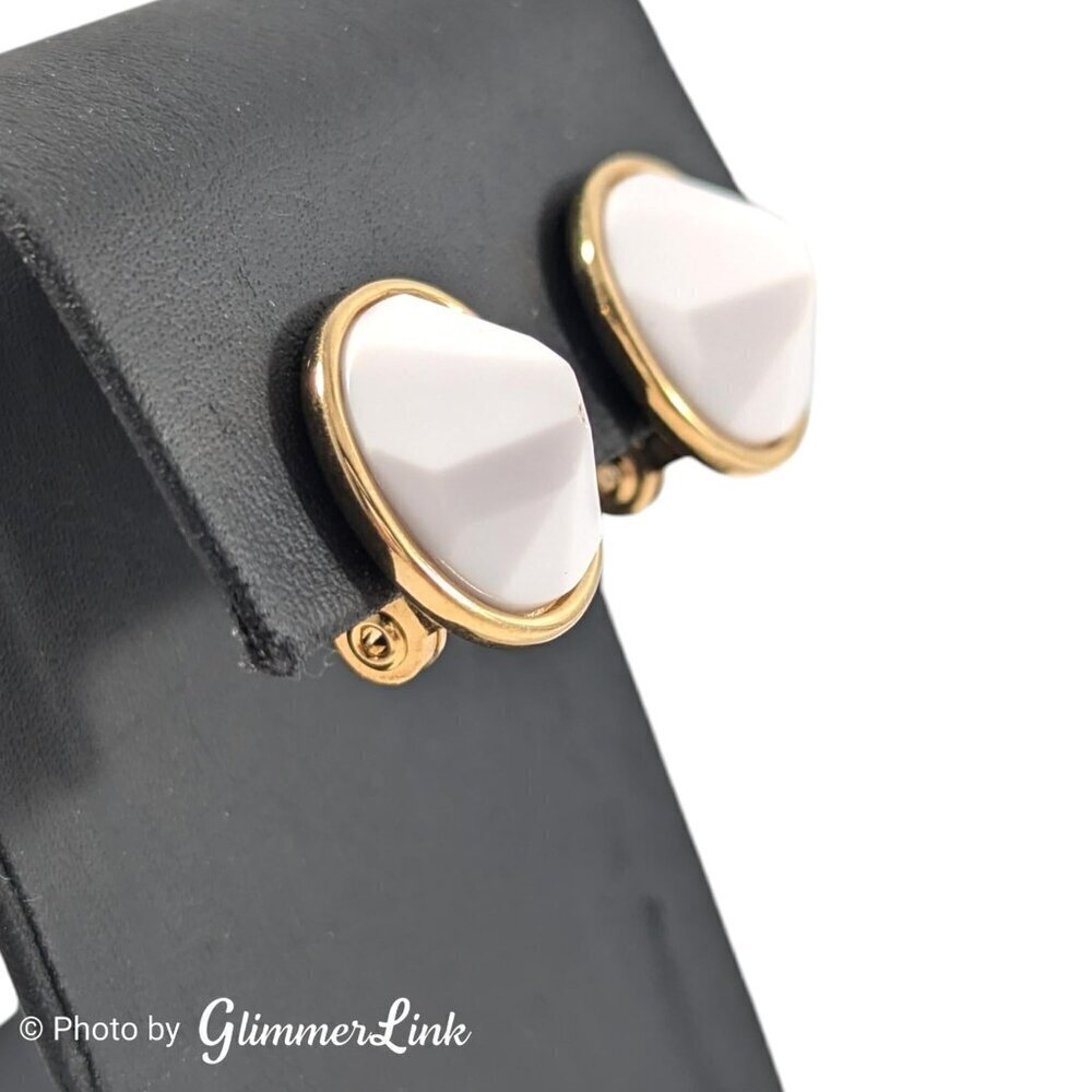 Vintage 80s Monet Oval White Lucite Pointed Peak Gold Tone Clip On Earrings